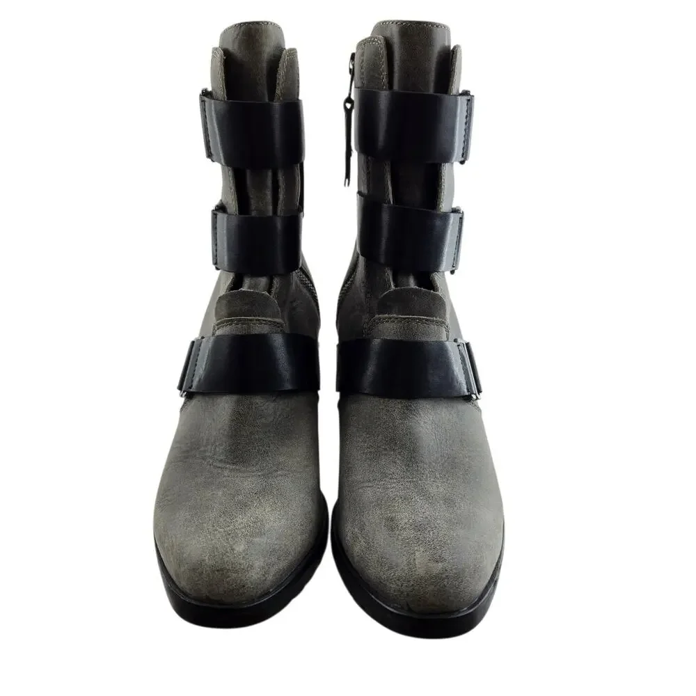 Sorel After Hours Wedge Booties Womens 10 Gray Black Leather Moto Biker Mid Calf